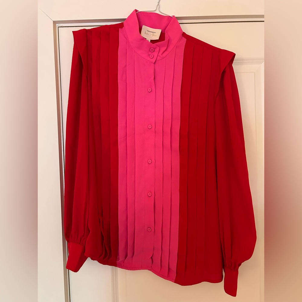 Tuckernuck Red and Pink Pleated Blouse